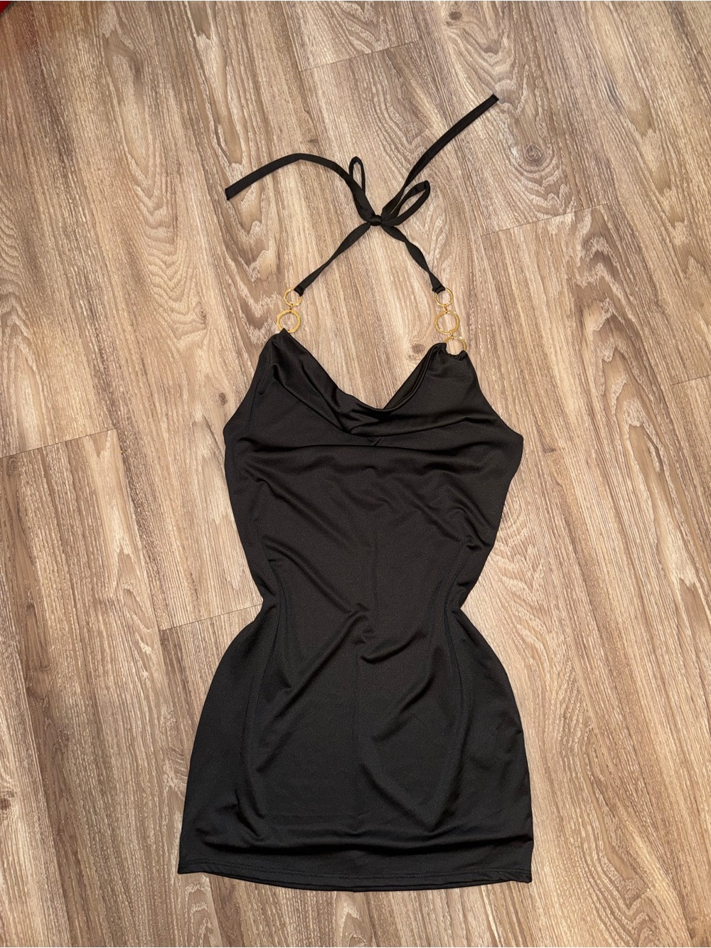 Black Halter Mini Dress with Gold Ring Details
